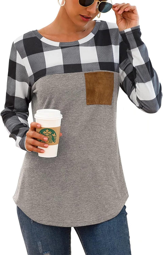 Womens Buffalo Plaid Neck Long Sleeve Patchwork Blouse Top Curve Hem Tunic