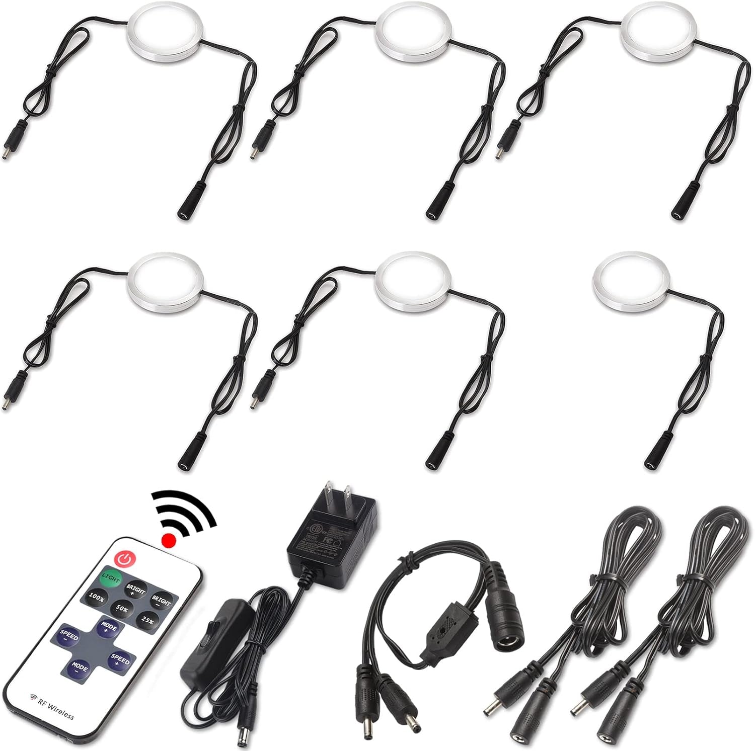 Curio Cabinet Lights Kit, over under Counter LED Puck Lights, Easy to Mount, Low Profile 0.3", 120V Wall Plug In, RF Remote Dimmable, Linkable, Black Cables, Daylight 6000K, 6 Lights