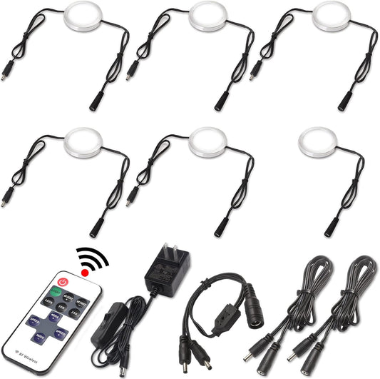 Curio Cabinet Lights Kit, over under Counter LED Puck Lights, Easy to Mount, Low Profile 0.3", 120V Wall Plug In, RF Remote Dimmable, Linkable, Black Cables, Daylight 6000K, 6 Lights