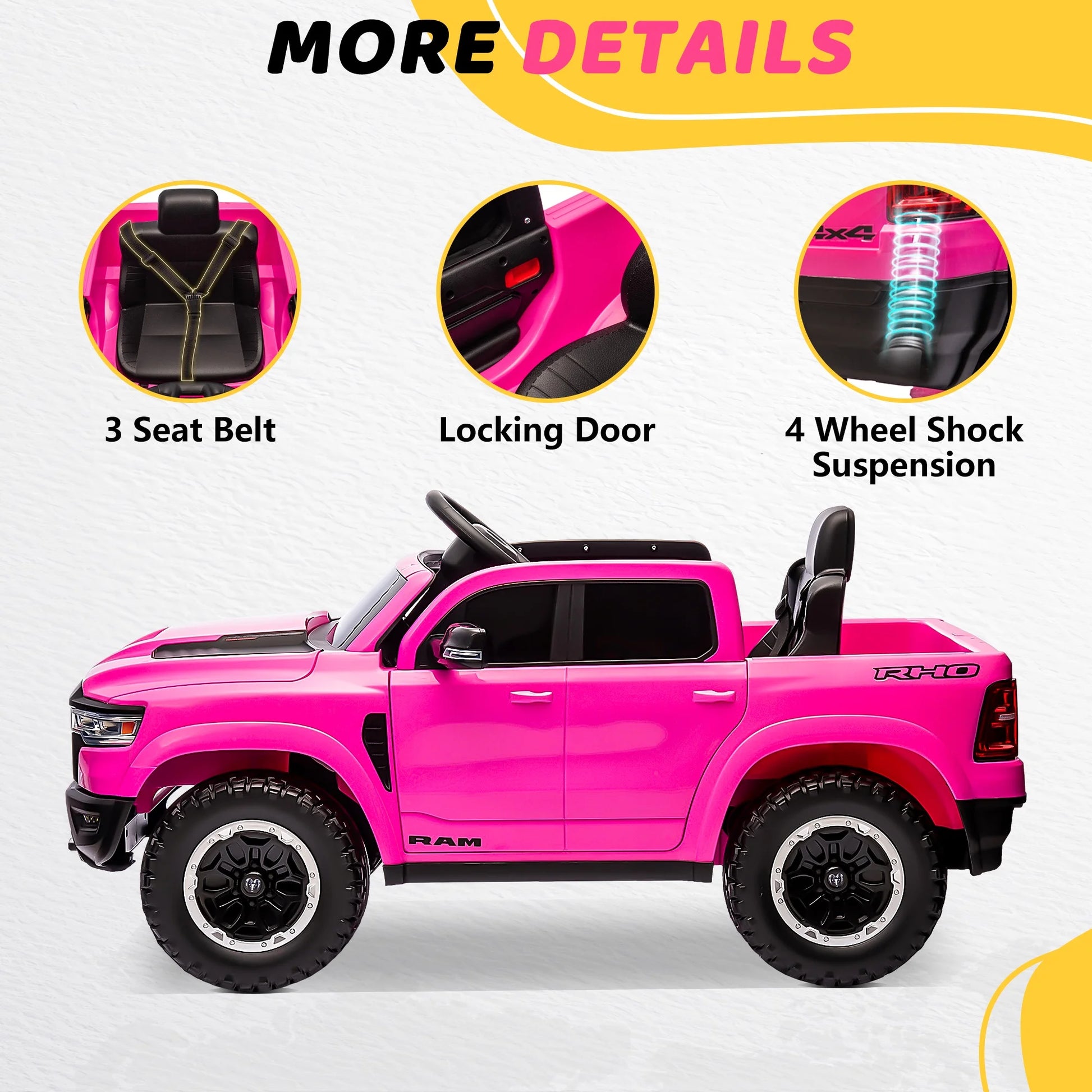 RAM 1500 Ride on Car Toy for Kids, 12V Powered Ride on Truck Toy with Remote Control, 4 Wheel Suspension, 5 Point Safety Belt, Music, Bluetooth, LED Lights, Electric Cars for 3-5 Yrs Boy Girl, Pink
