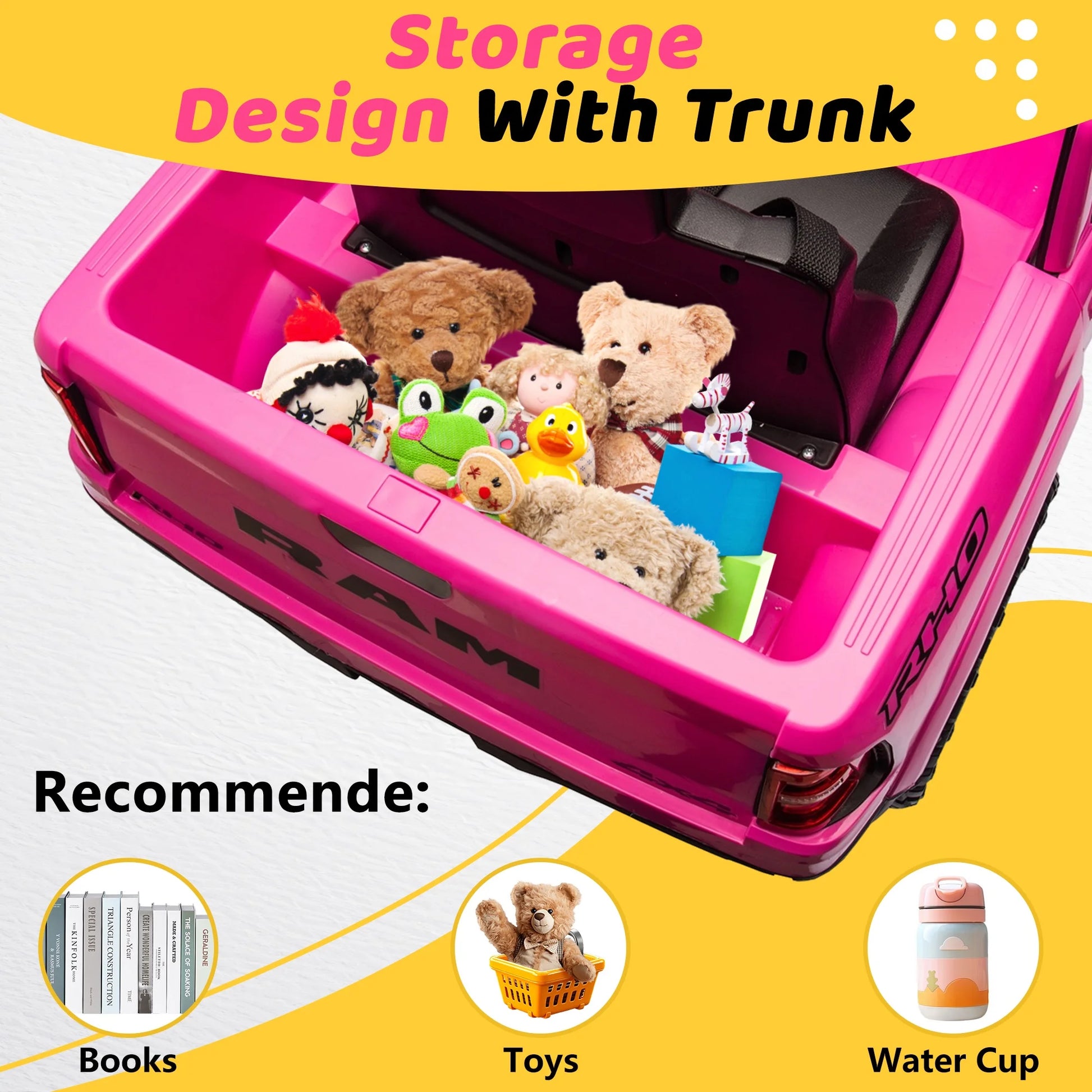 RAM 1500 Ride on Car Toy for Kids, 12V Powered Ride on Truck Toy with Remote Control, 4 Wheel Suspension, 5 Point Safety Belt, Music, Bluetooth, LED Lights, Electric Cars for 3-5 Yrs Boy Girl, Pink