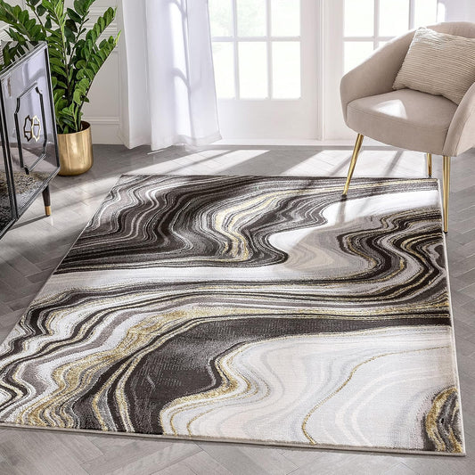 Werrick Grey & Gold Striated Marble Pattern Area Rug (5'3" X 7'3")