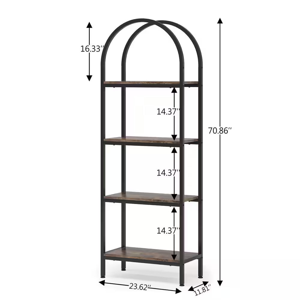 Jannelly 23.62 In. Brown Wood and Black Metal 4Tier Radial Corner Shelves Bookcase Storage Rack Plant Stand