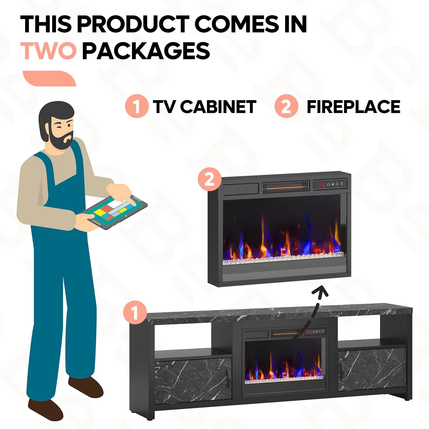 71 Inch Electric Fireplace TV Stand for Tvs up to 75", Modern Entertainment Center with LED Lights, Black Marble