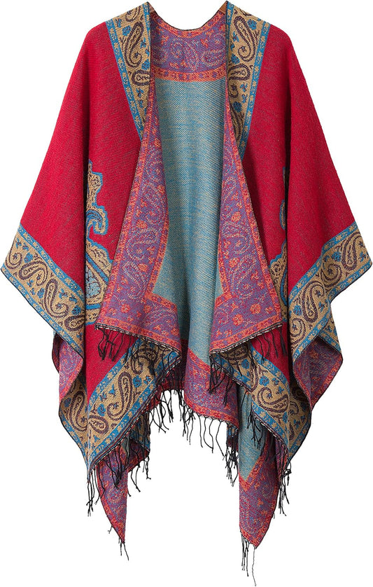 Women’S Retro Warm Shawls Poncho Cape Floral Printed Open Front Cardigans Sweater