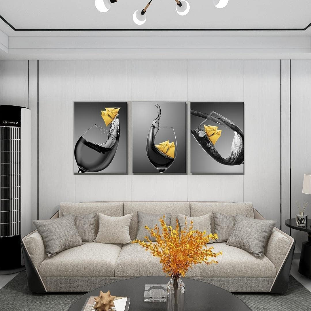 Kitchen Wall Decor Wine Glass Wall Art Easy to Hang High Definition Canvas Yellow Wine Art Pictures with Inner Wood Frame for Living Room Office Dining Room 12X16Inch X3Pcs…