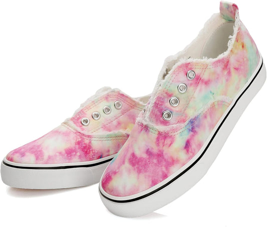 Women’S Slip on Sneakers Canvas Shoes Fashion Play Sneaker Casual Walking Shoes(Pink Tie Dye, US8)