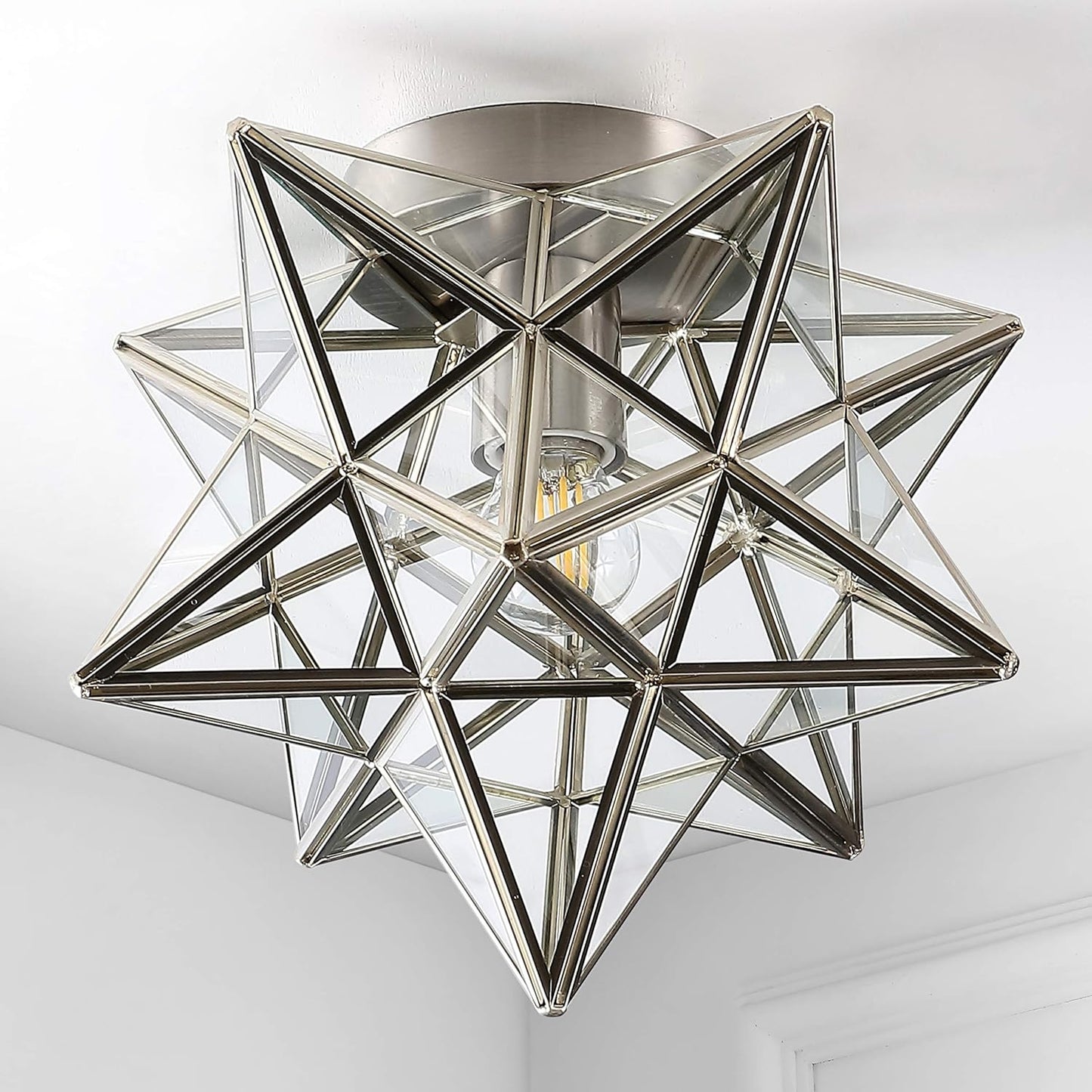 JYL9035E Stella 12" Moravian Star Metal/Glass LED Flush Mount, Contemporary, Transitional, Glam, Office, Living Room, Family Room, Dining Room, Kitchen, Bedroom, Hallway, Foyer, Nickel