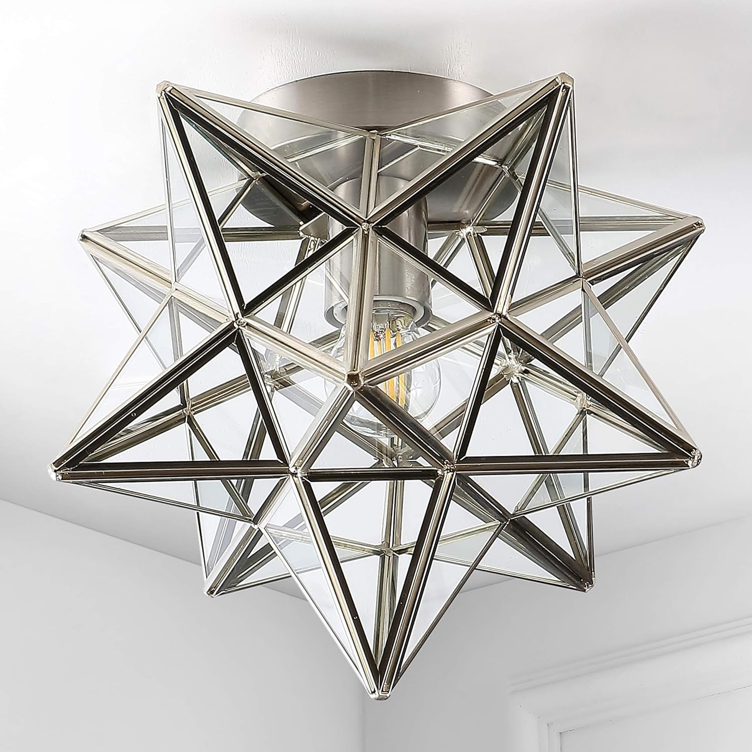 JYL9035E Stella 12" Moravian Star Metal/Glass LED Flush Mount, Contemporary, Transitional, Glam, Office, Living Room, Family Room, Dining Room, Kitchen, Bedroom, Hallway, Foyer, Nickel