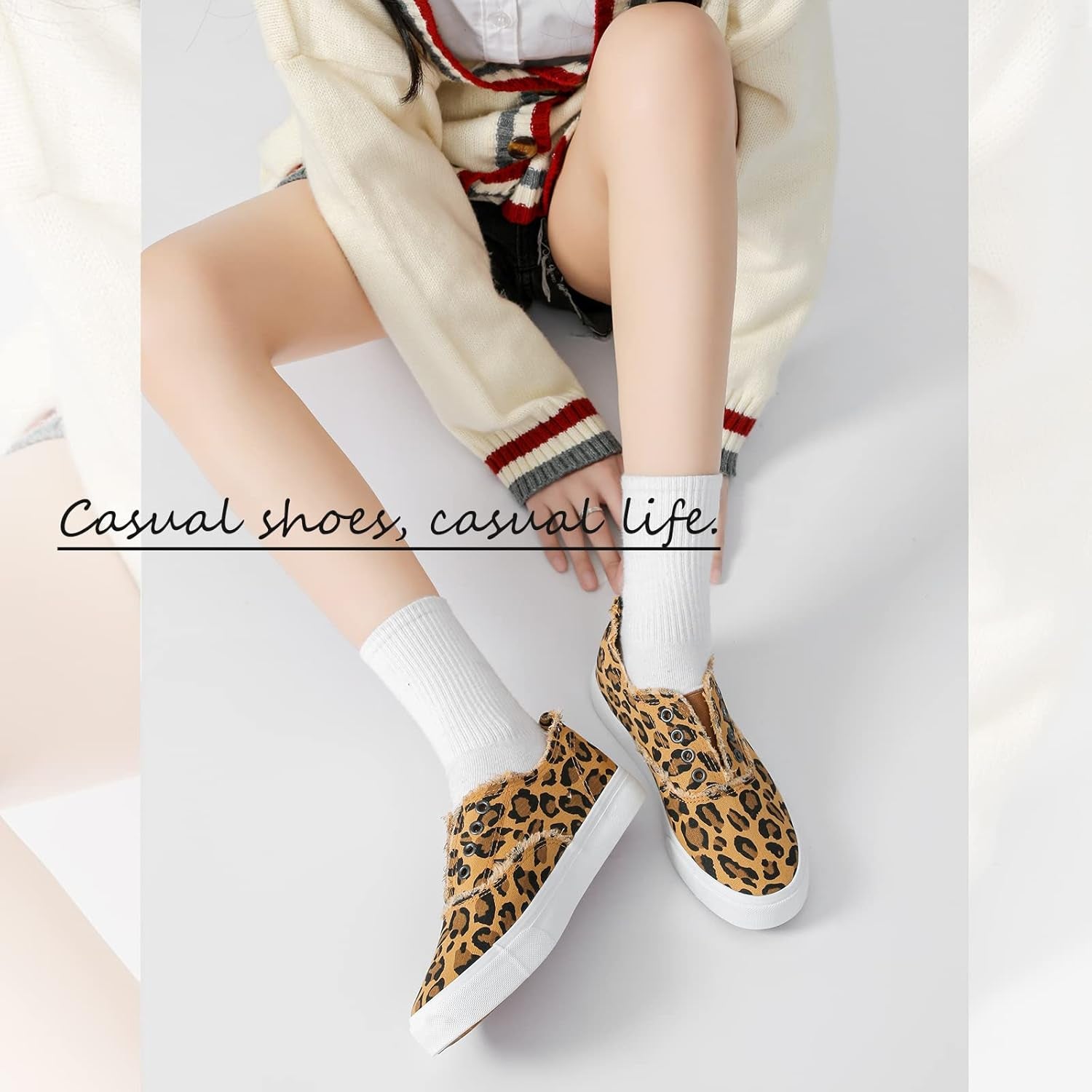 Women’S Slip on Sneakers Canvas Shoes Fashion Play Sneaker Casual Walking Shoes(Leopard, US9)