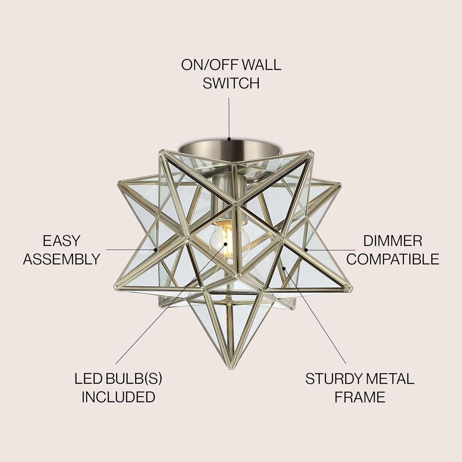 JYL9035E Stella 12" Moravian Star Metal/Glass LED Flush Mount, Contemporary, Transitional, Glam, Office, Living Room, Family Room, Dining Room, Kitchen, Bedroom, Hallway, Foyer, Nickel