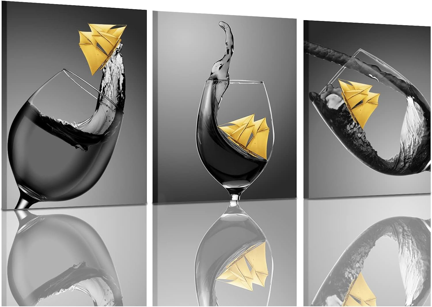 Kitchen Wall Decor Wine Glass Wall Art Easy to Hang High Definition Canvas Yellow Wine Art Pictures with Inner Wood Frame for Living Room Office Dining Room 12X16Inch X3Pcs…
