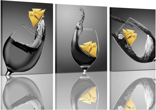 Kitchen Wall Decor Wine Glass Wall Art Easy to Hang High Definition Canvas Yellow Wine Art Pictures with Inner Wood Frame for Living Room Office Dining Room 12X16Inch X3Pcs…