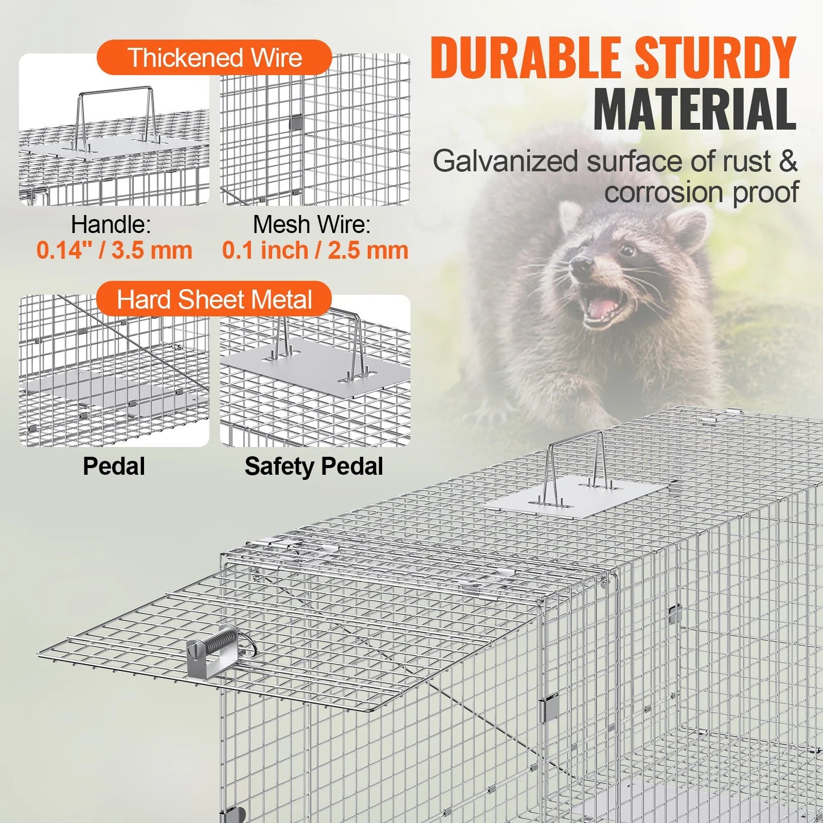 VEVOR Live Animal Cage Trap, 50 X 20 X 26 Humane Cat Trap Galvanized Iron, Folding Animal Trap with Handle for Stray Dogs, Armadillos, Raccoons, Marmots, Foxes