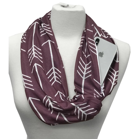 Women'S Infinity Scarf with Hidden Zipper Pocket & Pattern Print Arrow (Maroon)