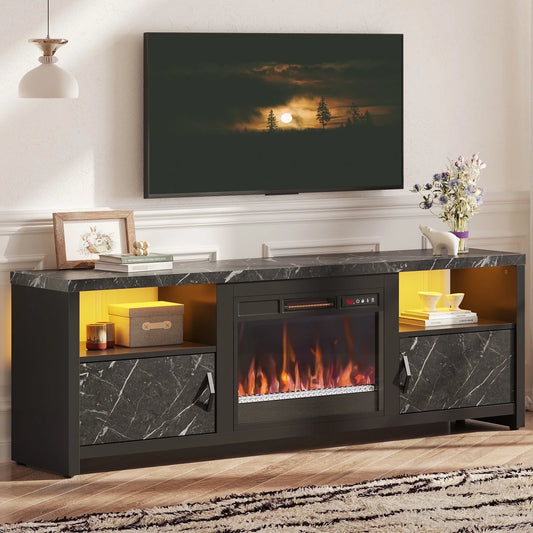 71 Inch Electric Fireplace TV Stand for Tvs up to 75", Modern Entertainment Center with LED Lights, Black Marble