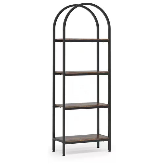 Jannelly 23.62 In. Brown Wood and Black Metal 4Tier Radial Corner Shelves Bookcase Storage Rack Plant Stand
