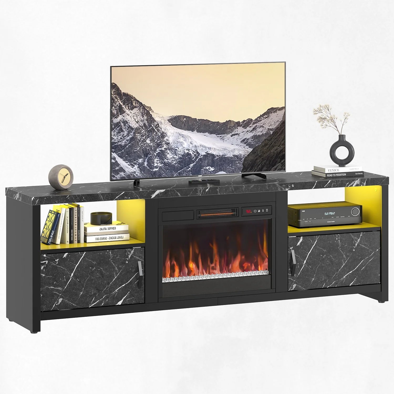 71 Inch Electric Fireplace TV Stand for Tvs up to 75", Modern Entertainment Center with LED Lights, Black Marble