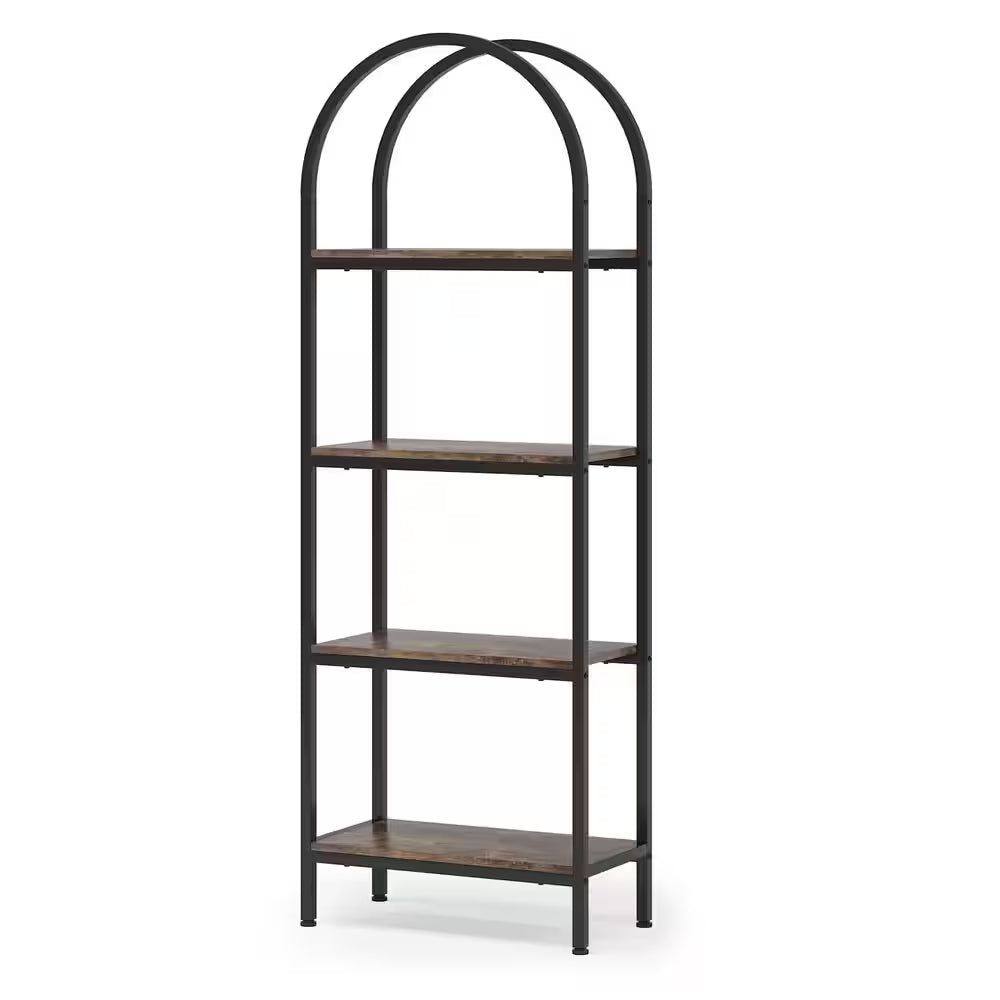 Jannelly 23.62 In. Brown Wood and Black Metal 4Tier Radial Corner Shelves Bookcase Storage Rack Plant Stand