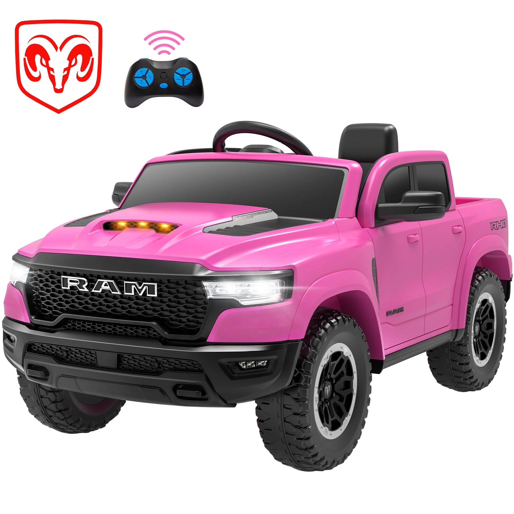 RAM 1500 Ride on Car Toy for Kids, 12V Powered Ride on Truck Toy with Remote Control, 4 Wheel Suspension, 5 Point Safety Belt, Music, Bluetooth, LED Lights, Electric Cars for 3-5 Yrs Boy Girl, Pink