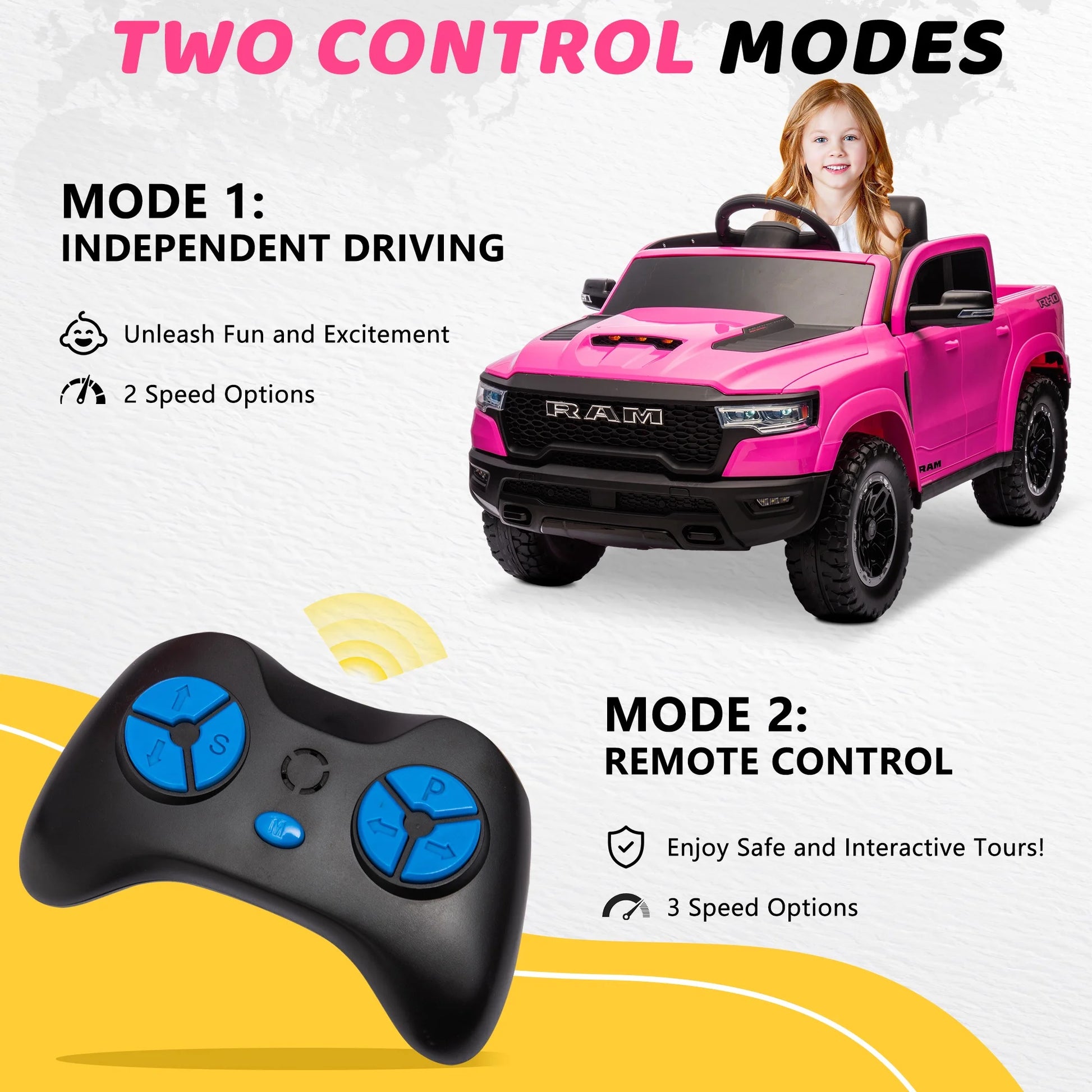 RAM 1500 Ride on Car Toy for Kids, 12V Powered Ride on Truck Toy with Remote Control, 4 Wheel Suspension, 5 Point Safety Belt, Music, Bluetooth, LED Lights, Electric Cars for 3-5 Yrs Boy Girl, Pink